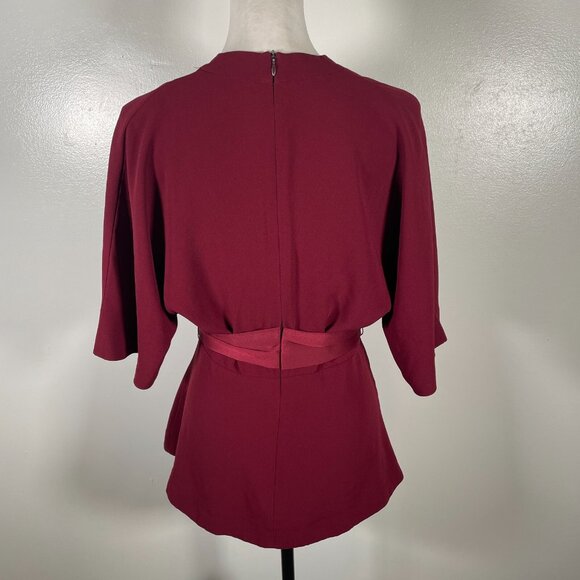 Trina Turk Wrap Top Womens Size 4 Maroon Tie Waist Long Sleeve V Neck Back Zip - Picture 9 of 15